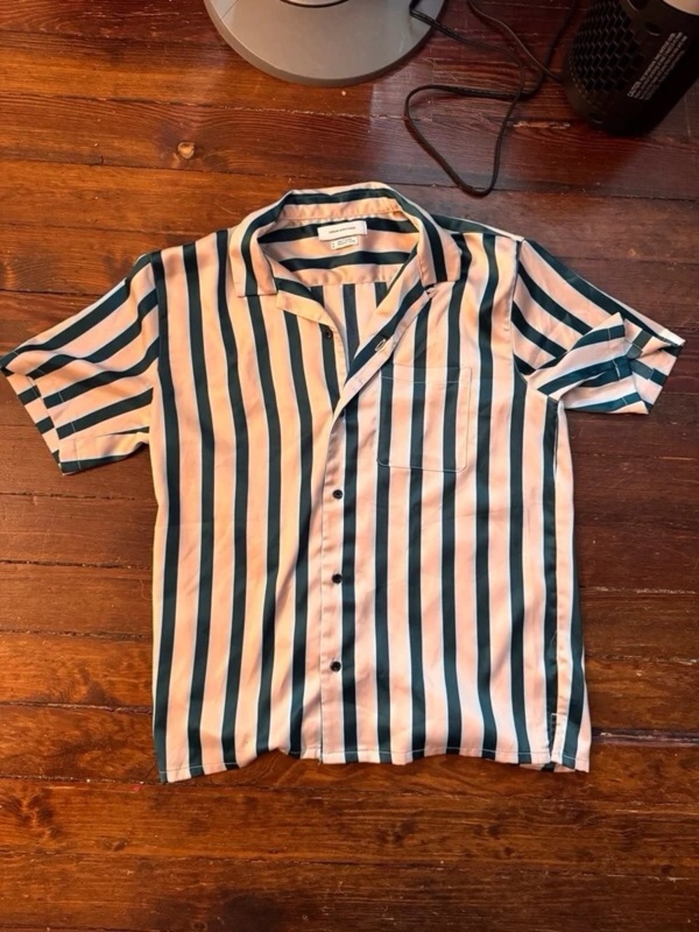 Men's Short Sleeve Button-Up Shirt in Cream and Dark Green Stripe